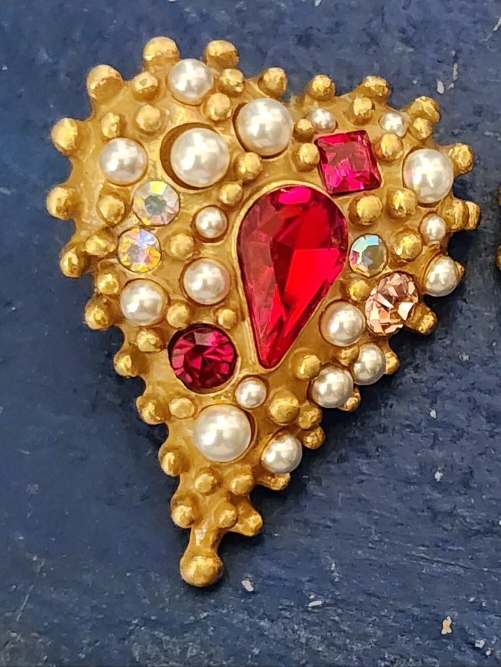 Gold Plated Heart Earrings With Red Gem And Faux Pearl Accents - Picture 4 of 4